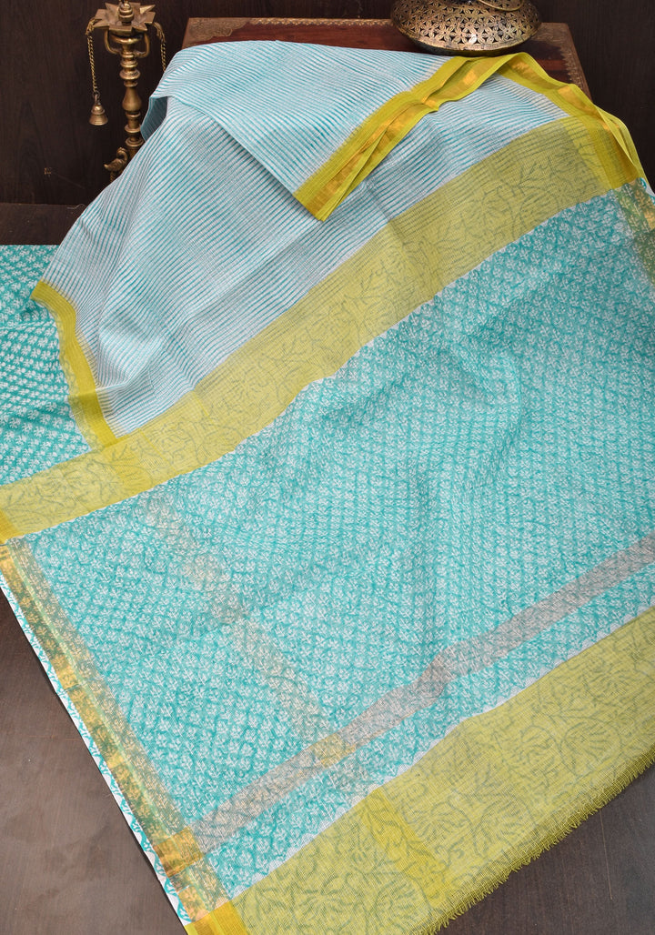 Kota Doria Cotton Saree in Blue and White  with Sanganeri Hand Block Print