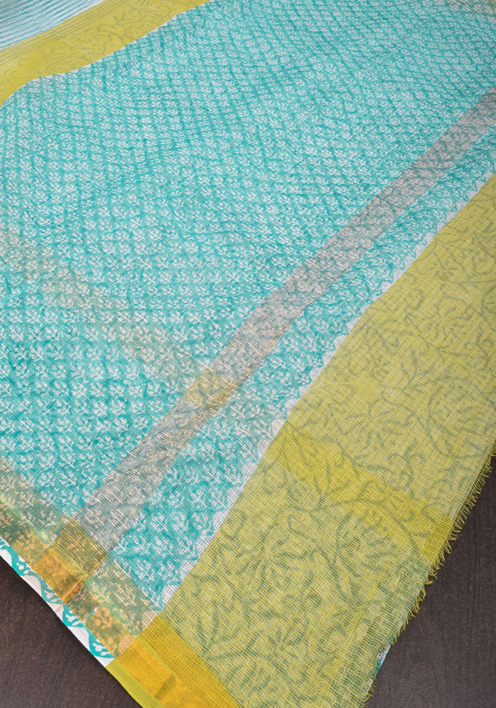 Kota Doria Cotton Saree in Blue and White  with Sanganeri Hand Block Print
