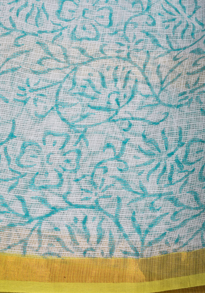 Kota Doria Cotton Saree in Blue and White  with Sanganeri Hand Block Print