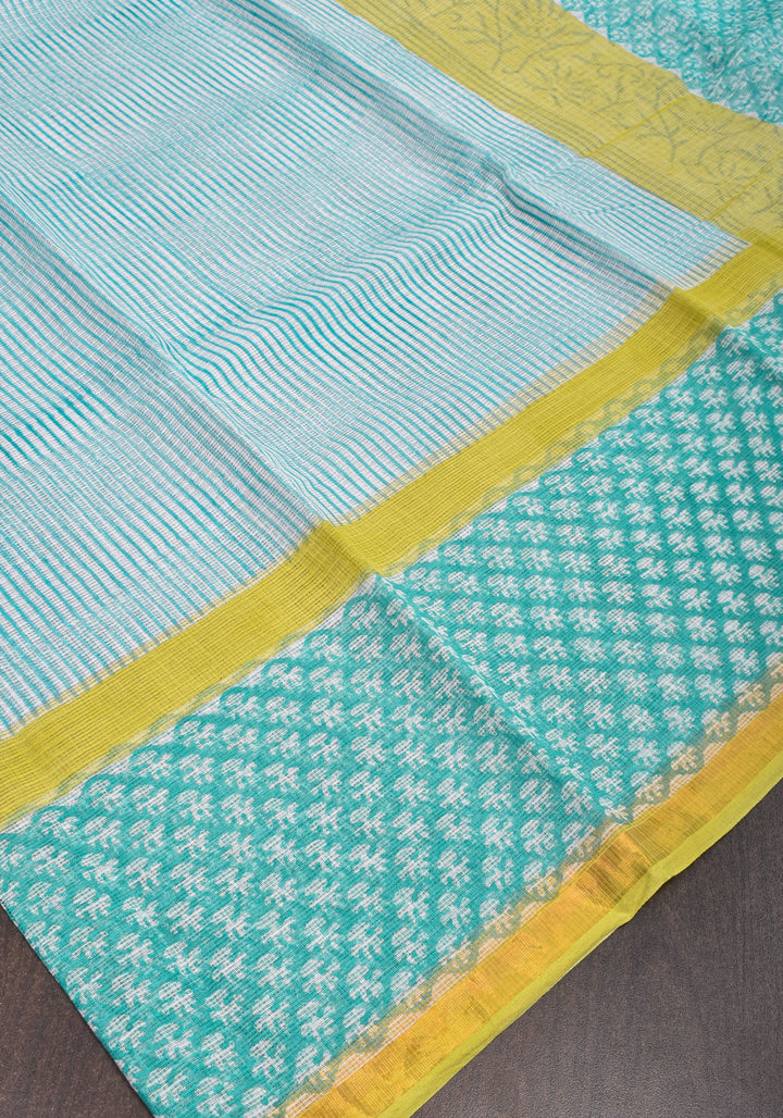 Kota Doria Cotton Saree in Blue and White  with Sanganeri Hand Block Print