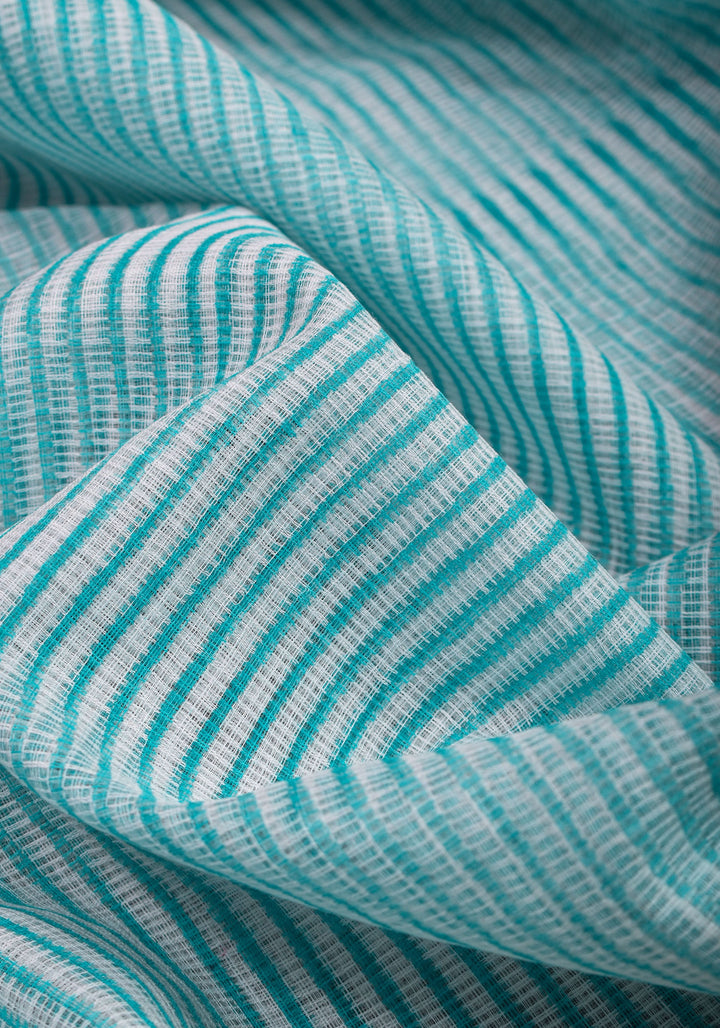Kota Doria Cotton Saree in Blue and White  with Sanganeri Hand Block Print