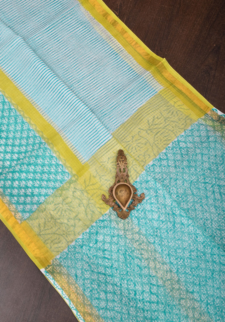 Kota Doria Cotton Saree in Blue and White  with Sanganeri Hand Block Print