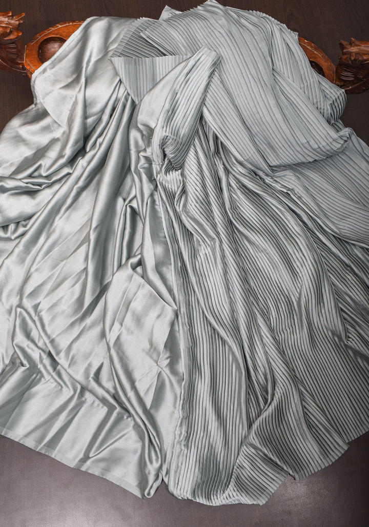 Pleated Satin Half and Half Saree in Silver Gray ,No Blouse Piece