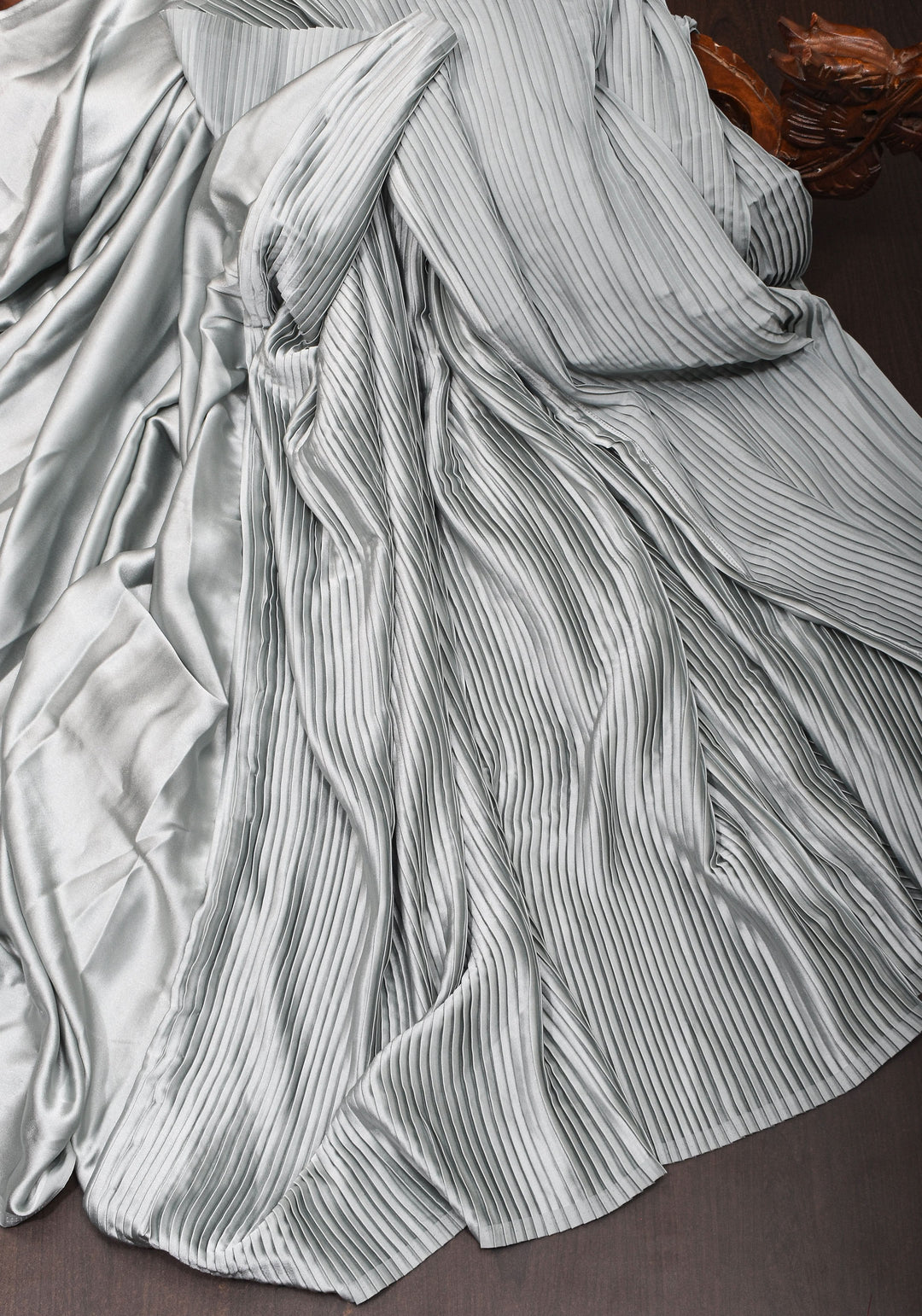 Pleated Satin Half and Half Saree in Silver Gray ,No Blouse Piece
