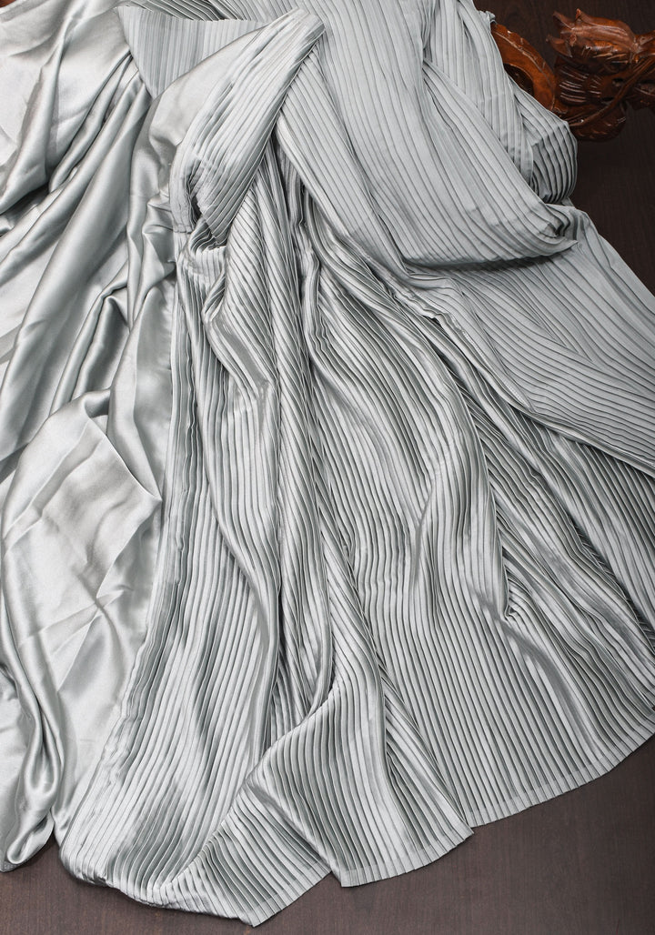 Pleated Satin Half and Half Saree in Silver Gray ,No Blouse Piece
