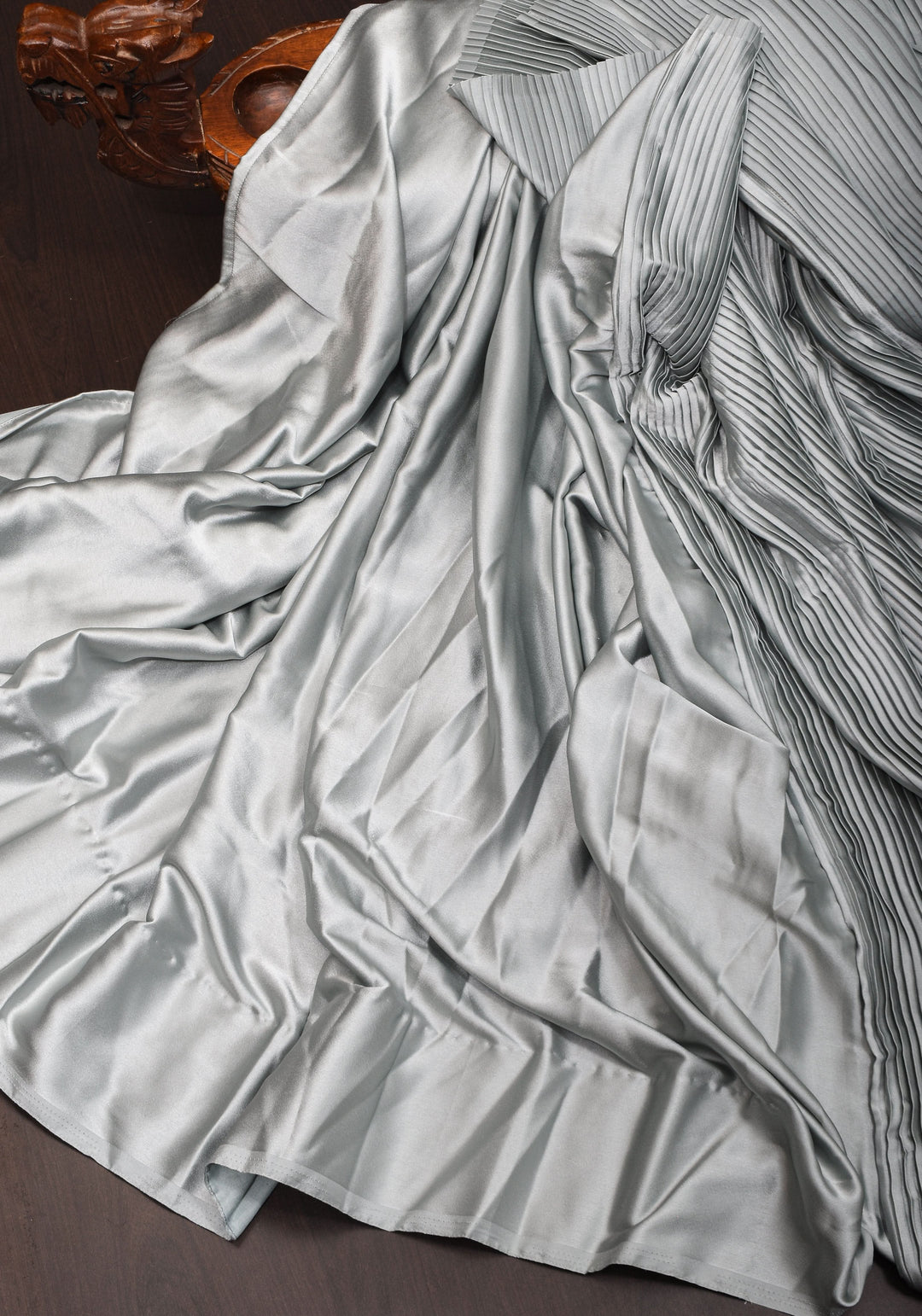 Pleated Satin Half and Half Saree in Silver Gray ,No Blouse Piece