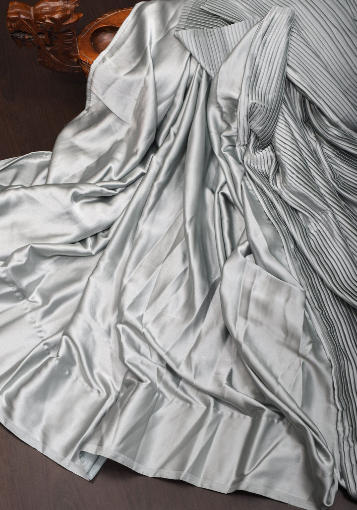 Pleated Satin Half and Half Saree in Silver Gray ,No Blouse Piece