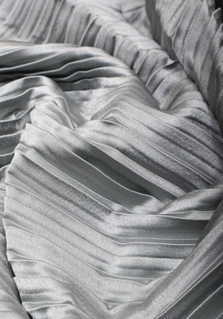 Pleated Satin Half and Half Saree in Silver Gray ,No Blouse Piece