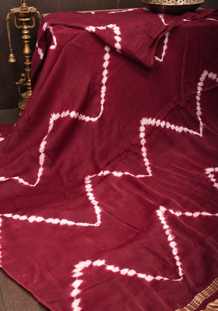 Hand Shibori Dye on Reddish Maroon Modal Silk Saree with Crushed Pallu,  No Blouse Piece
