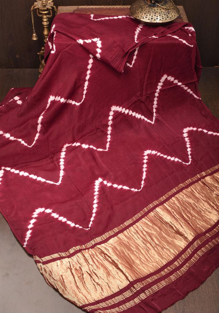Hand Shibori Dye on Reddish Maroon Modal Silk Saree with Crushed Pallu,  No Blouse Piece
