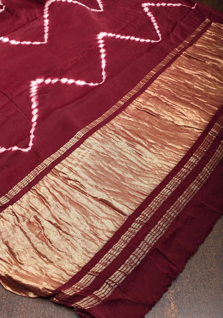 Hand Shibori Dye on Reddish Maroon Modal Silk Saree with Crushed Pallu,  No Blouse Piece