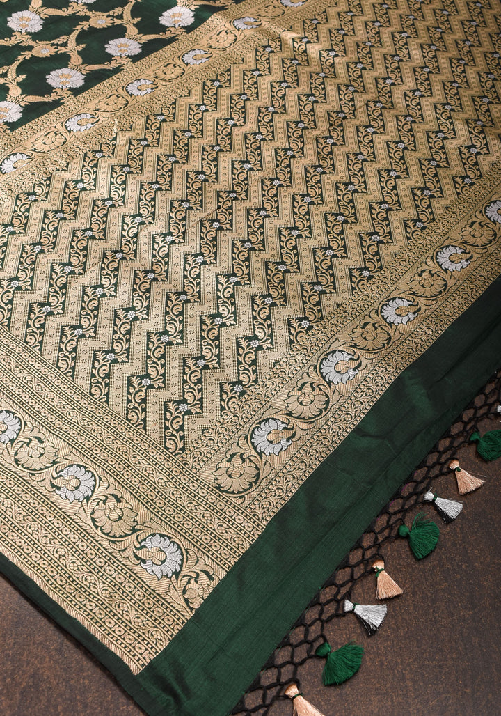Exquisite Floral Alfi Jaal Brocade Banarasi Katan Silk Saree in Bottle Green | SILK MARK CERTIFIED
