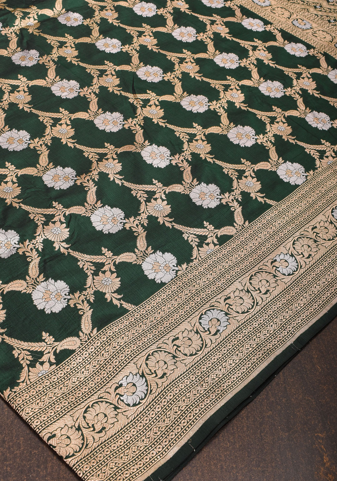 Exquisite Floral Alfi Jaal Brocade Banarasi Katan Silk Saree in Bottle Green | SILK MARK CERTIFIED