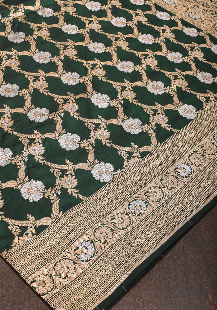 Exquisite Floral Alfi Jaal Brocade Banarasi Katan Silk Saree in Bottle Green | SILK MARK CERTIFIED