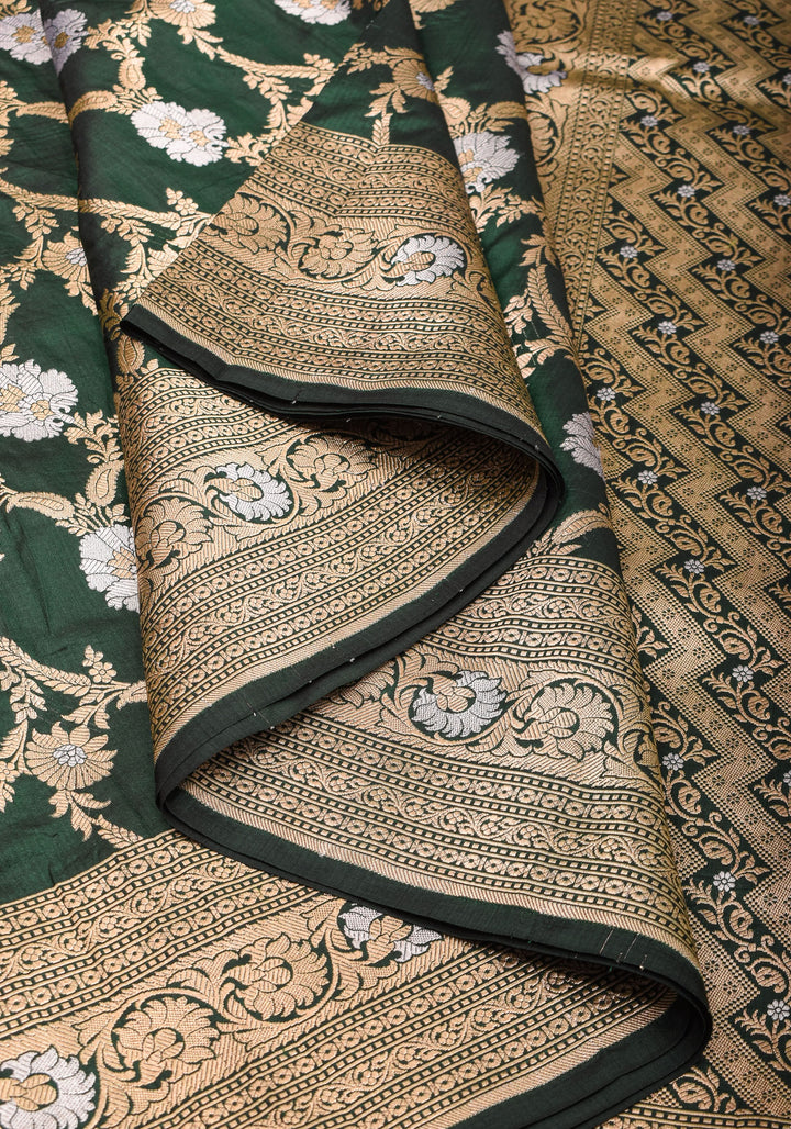 Exquisite Floral Alfi Jaal Brocade Banarasi Katan Silk Saree in Bottle Green | SILK MARK CERTIFIED