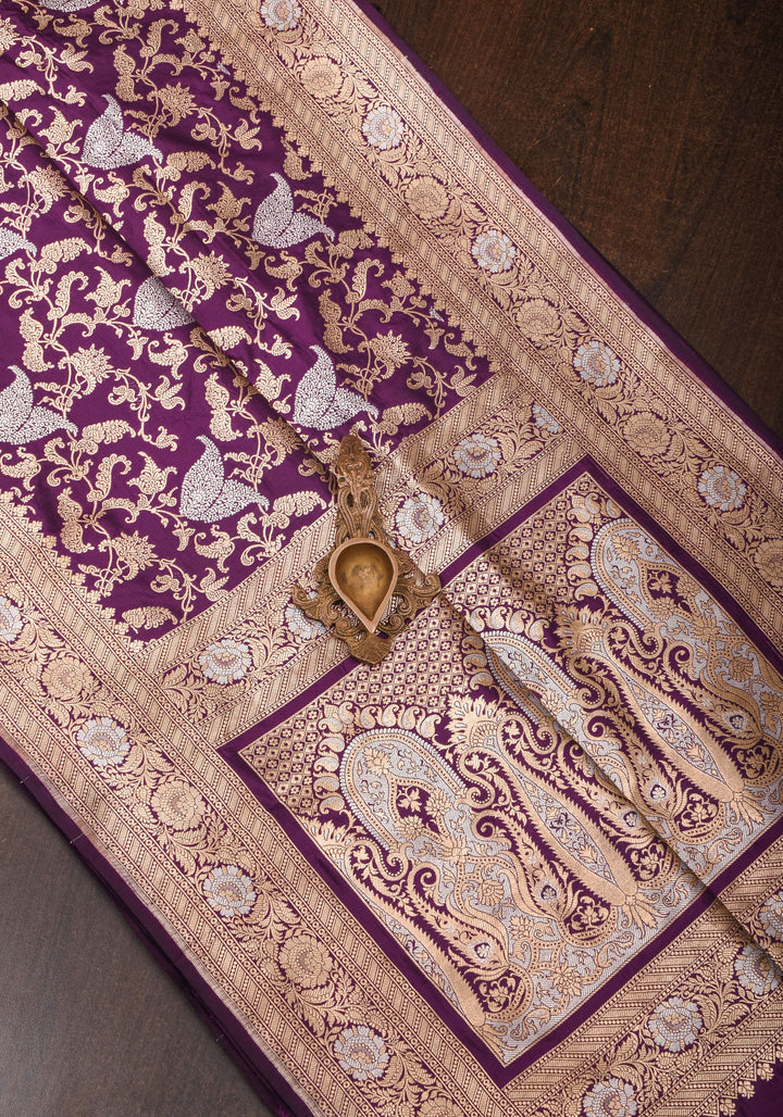 Exquisite Paisley Motif Alfi Jaal Brocade Banarasi Katan Silk Saree in Plum | SILK MARK CERTIFIED