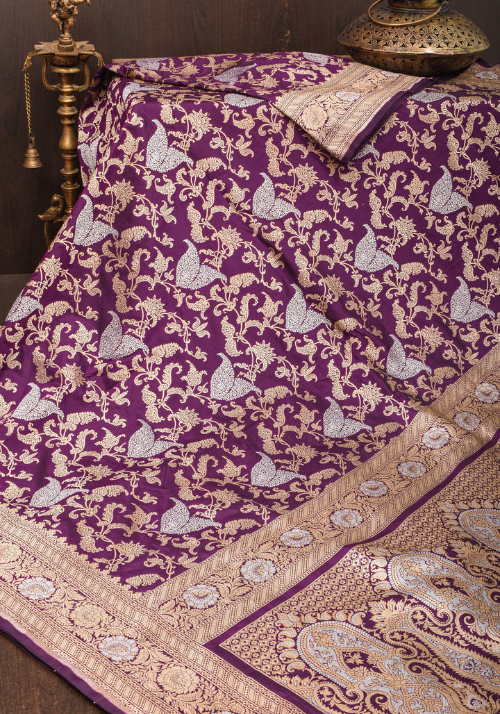 Exquisite Paisley Motif Alfi Jaal Brocade Banarasi Katan Silk Saree in Plum | SILK MARK CERTIFIED