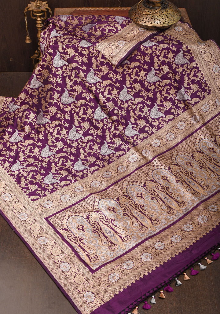 Exquisite Paisley Motif Alfi Jaal Brocade Banarasi Katan Silk Saree in Plum | SILK MARK CERTIFIED
