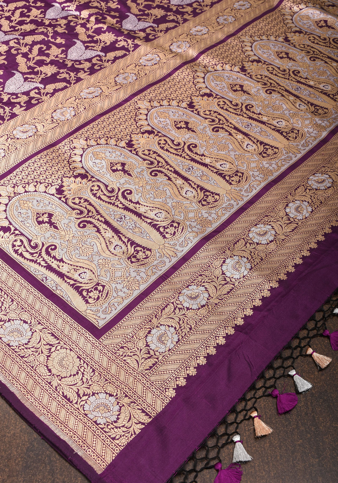 Exquisite Paisley Motif Alfi Jaal Brocade Banarasi Katan Silk Saree in Plum | SILK MARK CERTIFIED