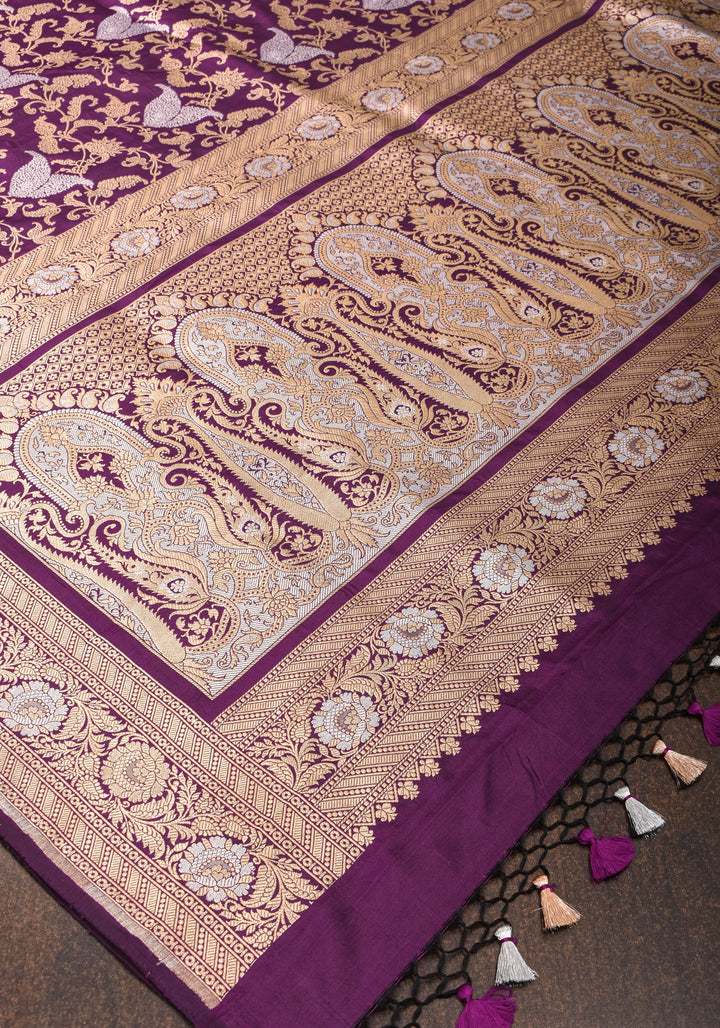 Exquisite Paisley Motif Alfi Jaal Brocade Banarasi Katan Silk Saree in Plum | SILK MARK CERTIFIED