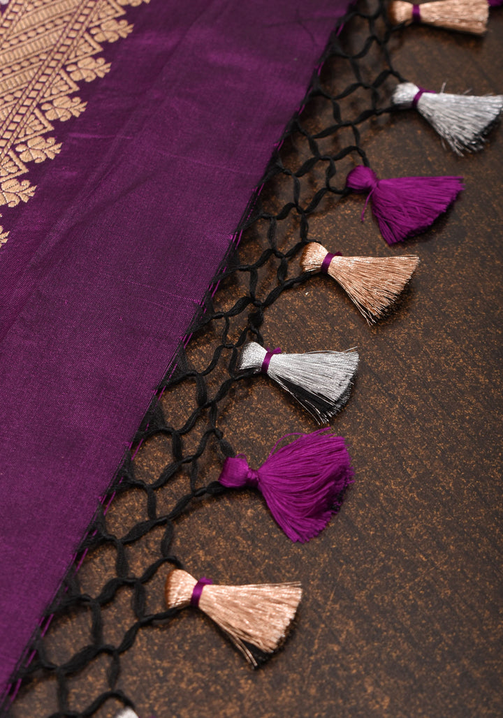 Exquisite Paisley Motif Alfi Jaal Brocade Banarasi Katan Silk Saree in Plum | SILK MARK CERTIFIED