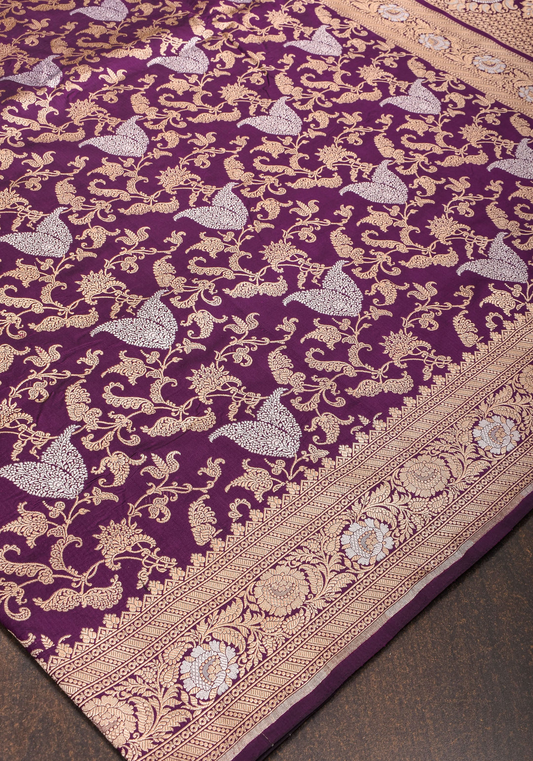 Exquisite Paisley Motif Alfi Jaal Brocade Banarasi Katan Silk Saree in Plum | SILK MARK CERTIFIED
