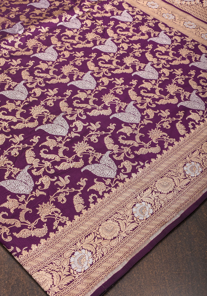 Exquisite Paisley Motif Alfi Jaal Brocade Banarasi Katan Silk Saree in Plum | SILK MARK CERTIFIED