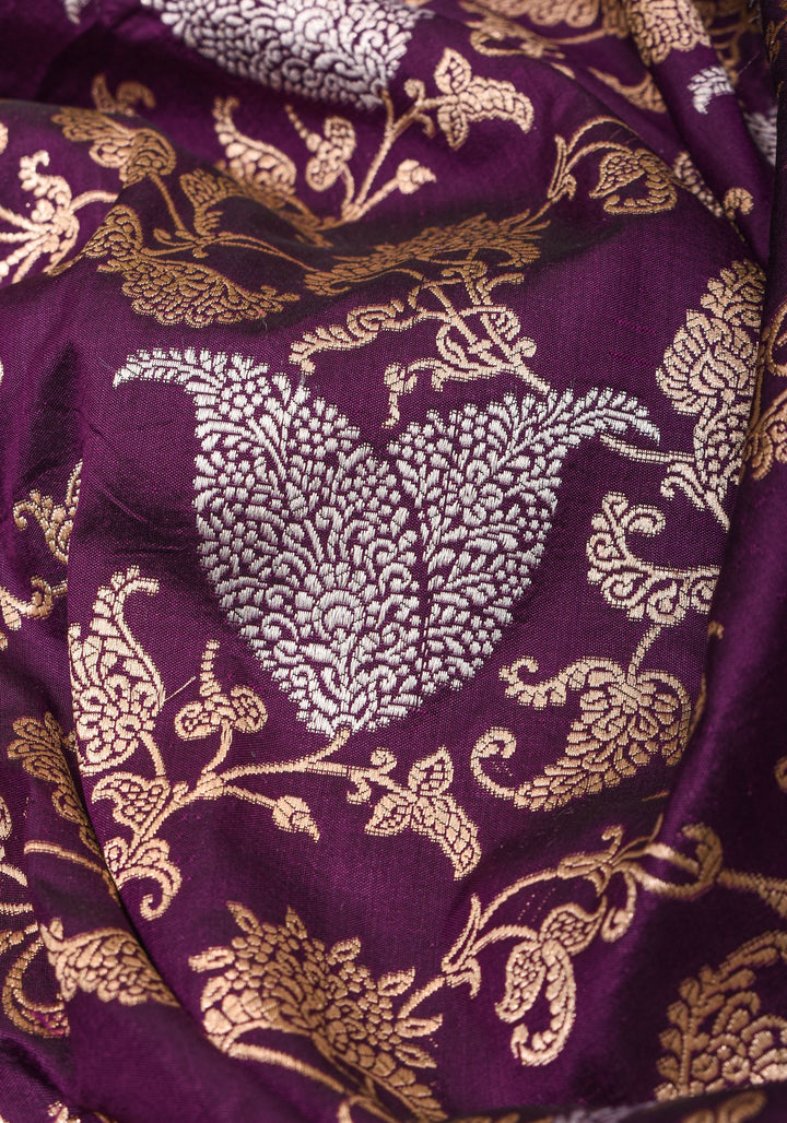 Exquisite Paisley Motif Alfi Jaal Brocade Banarasi Katan Silk Saree in Plum | SILK MARK CERTIFIED