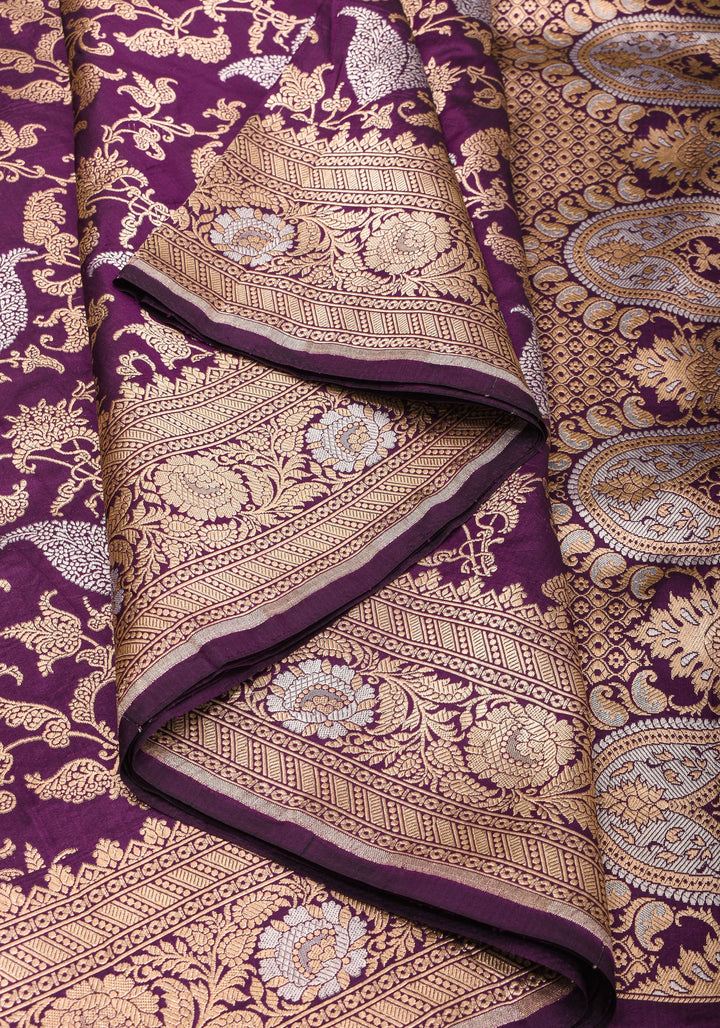 Exquisite Paisley Motif Alfi Jaal Brocade Banarasi Katan Silk Saree in Plum | SILK MARK CERTIFIED