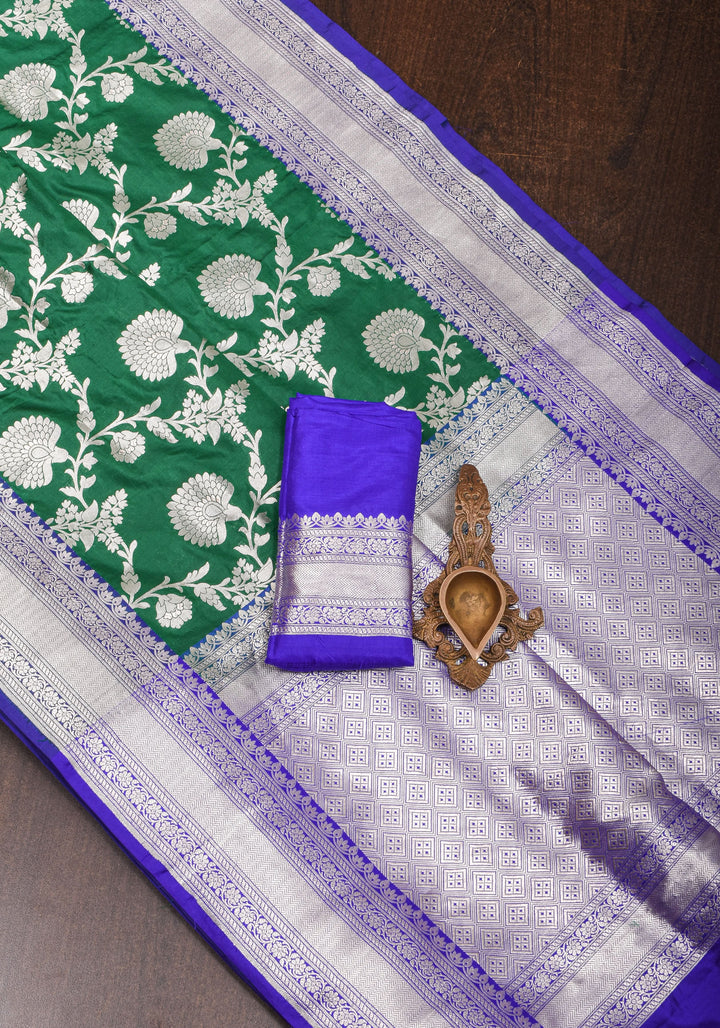 Authentic Banaras Floral Jaal Katan Silk Saree in Emerland Green with Purple Contrast Border | SILK MARK CERTIFIED