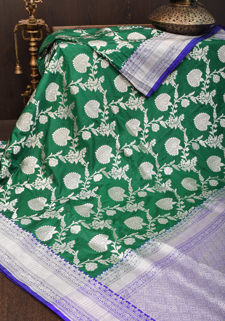 Authentic Banaras Floral Jaal Katan Silk Saree in Emerland Green with Purple Contrast Border | SILK MARK CERTIFIED