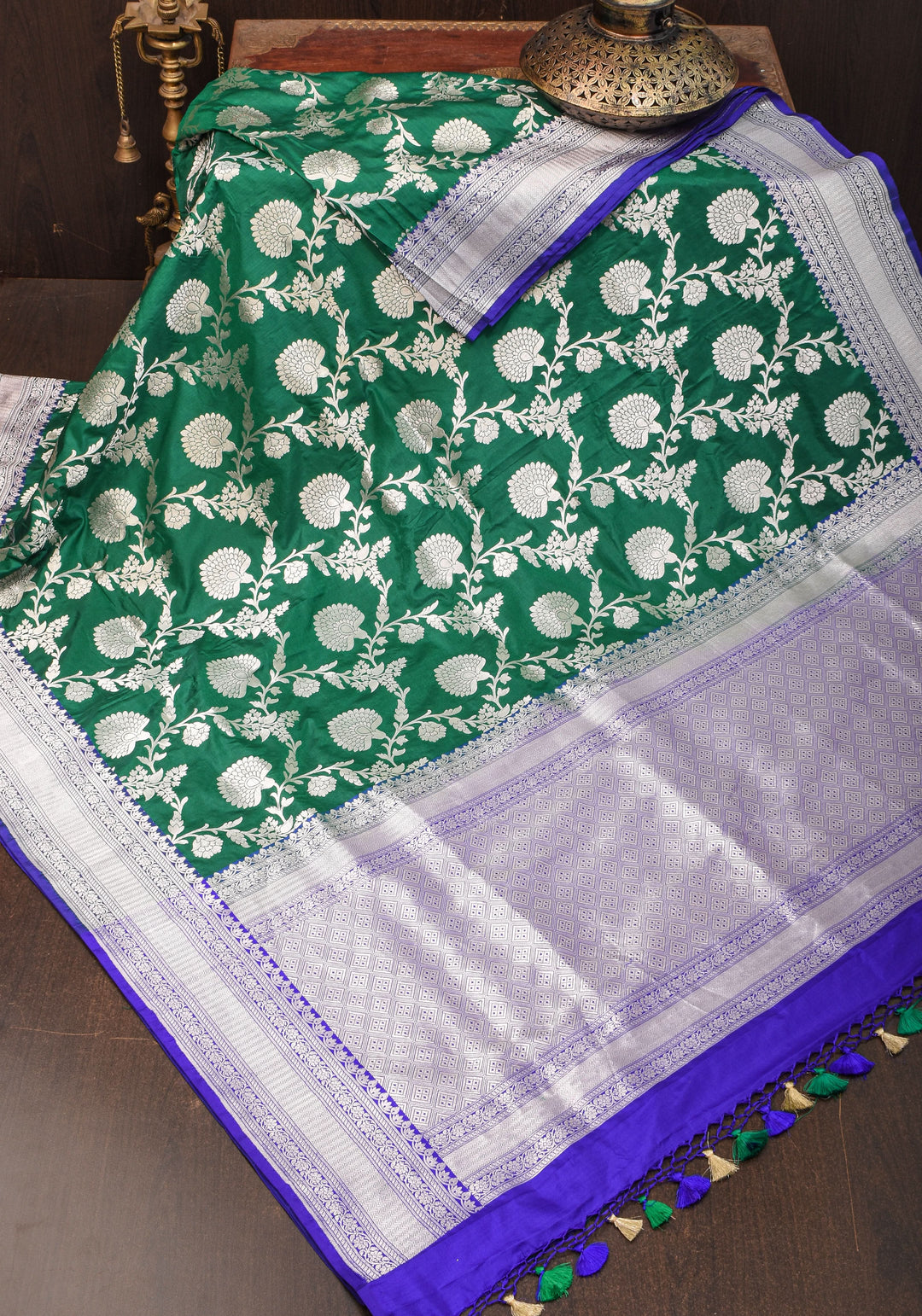 Authentic Banaras Floral Jaal Katan Silk Saree in Emerland Green with Purple Contrast Border | SILK MARK CERTIFIED