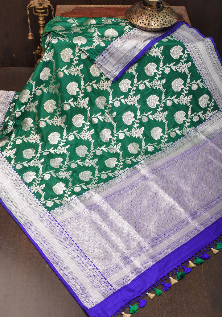 Authentic Banaras Floral Jaal Katan Silk Saree in Emerland Green with Purple Contrast Border | SILK MARK CERTIFIED