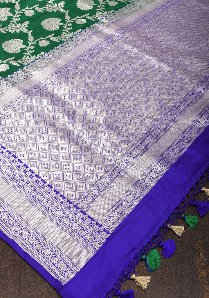 Authentic Banaras Floral Jaal Katan Silk Saree in Emerland Green with Purple Contrast Border | SILK MARK CERTIFIED