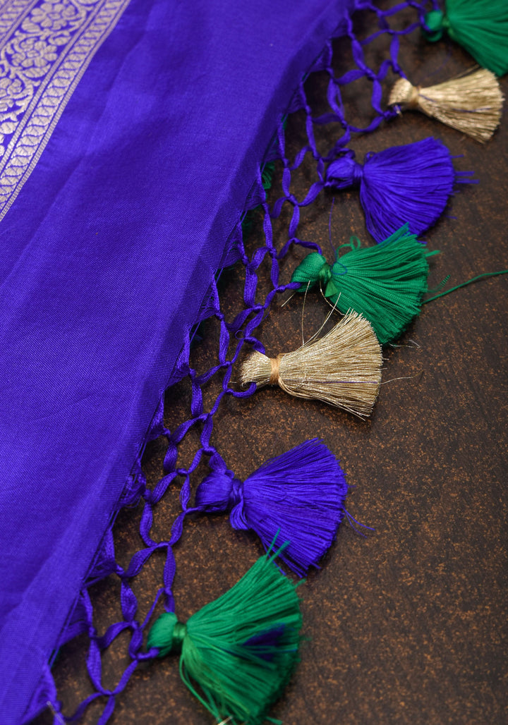 Authentic Banaras Floral Jaal Katan Silk Saree in Emerland Green with Purple Contrast Border | SILK MARK CERTIFIED