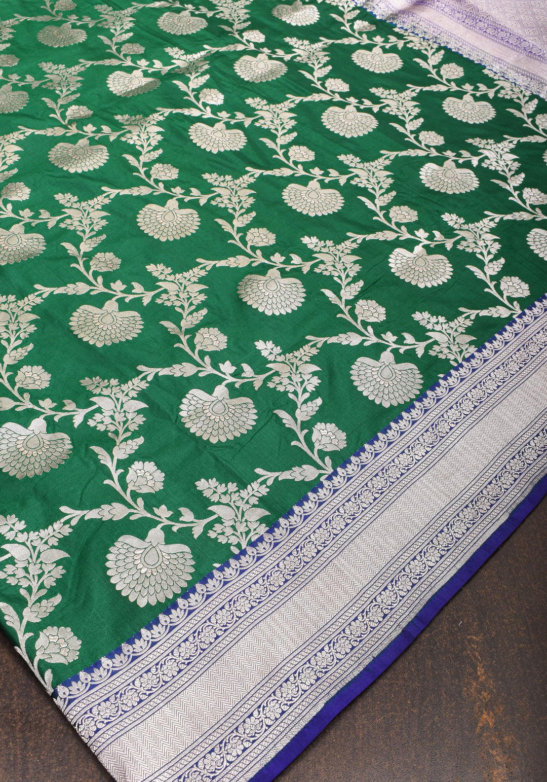 Authentic Banaras Floral Jaal Katan Silk Saree in Emerland Green with Purple Contrast Border | SILK MARK CERTIFIED