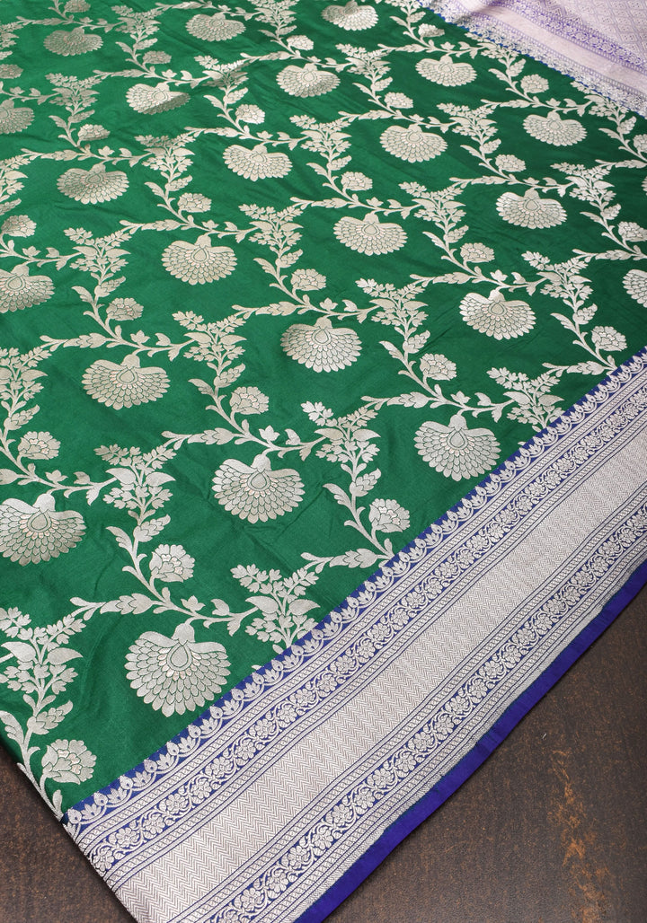 Authentic Banaras Floral Jaal Katan Silk Saree in Emerland Green with Purple Contrast Border | SILK MARK CERTIFIED