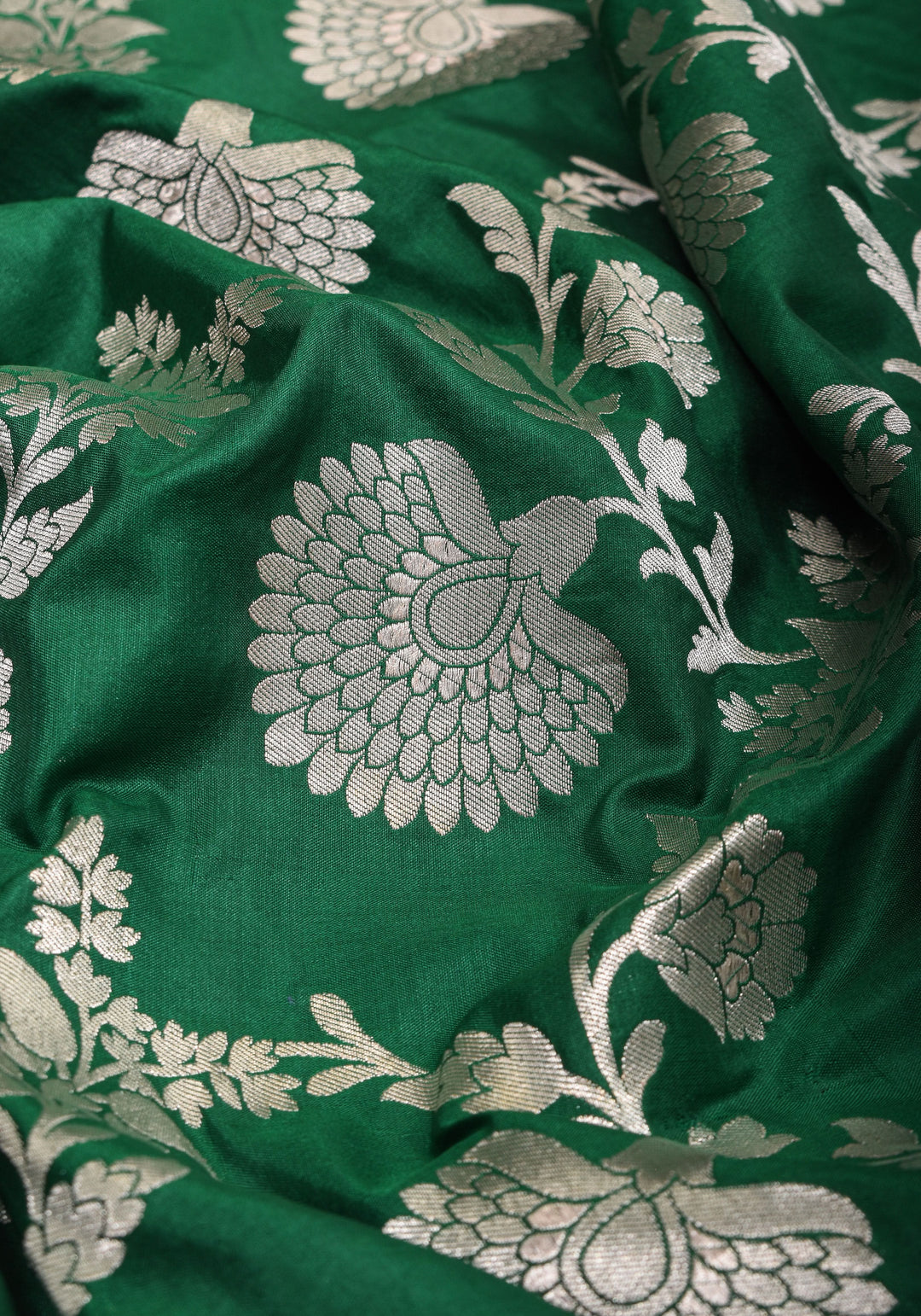 Authentic Banaras Floral Jaal Katan Silk Saree in Emerland Green with Purple Contrast Border | SILK MARK CERTIFIED