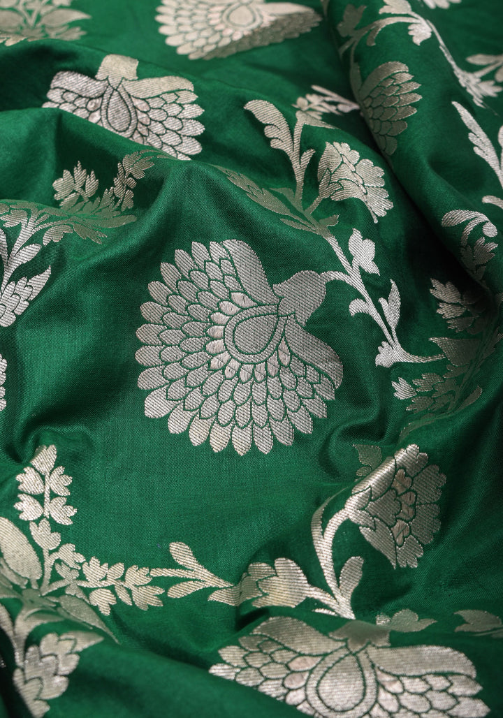 Authentic Banaras Floral Jaal Katan Silk Saree in Emerland Green with Purple Contrast Border | SILK MARK CERTIFIED