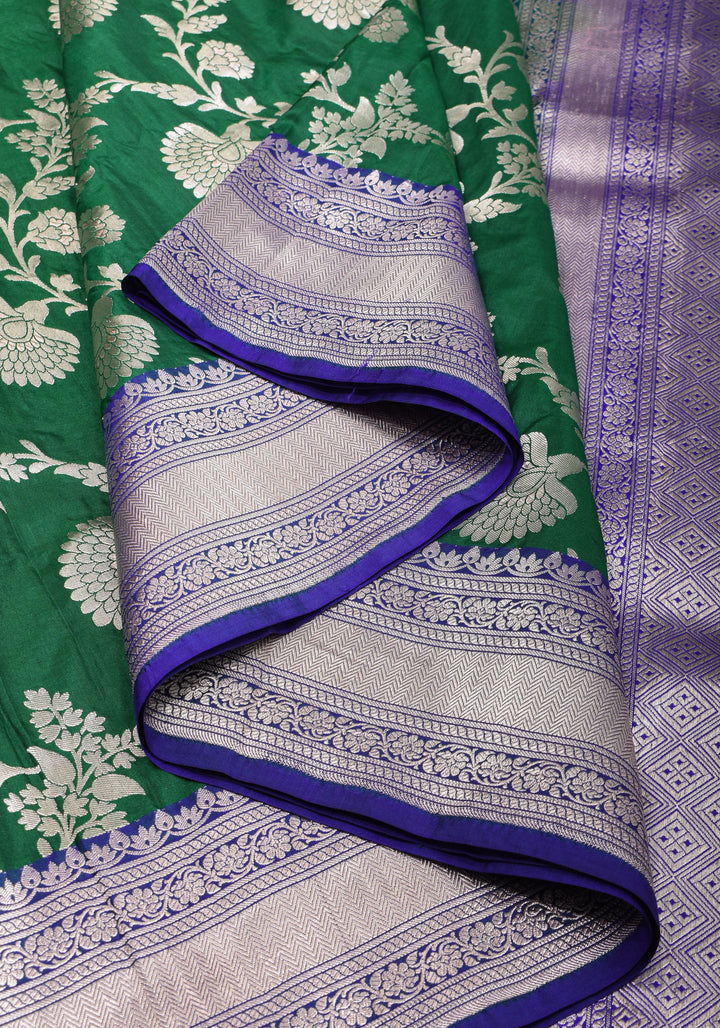 Authentic Banaras Floral Jaal Katan Silk Saree in Emerland Green with Purple Contrast Border | SILK MARK CERTIFIED
