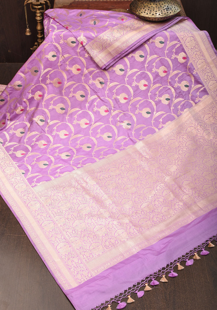 Exquisite Banarasi Floral Meenakari Jaal Pure Katan Silk Saree in Lavender | SILK MARK CERTIFIED