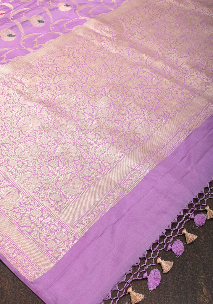 Exquisite Banarasi Floral Meenakari Jaal Pure Katan Silk Saree in Lavender | SILK MARK CERTIFIED