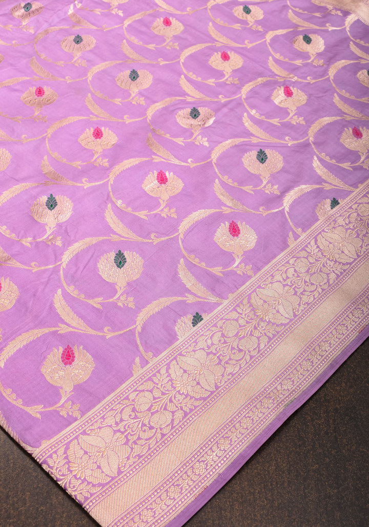 Exquisite Banarasi Floral Meenakari Jaal Pure Katan Silk Saree in Lavender | SILK MARK CERTIFIED