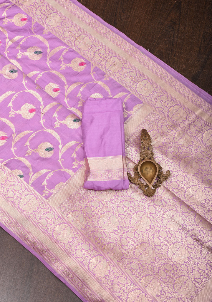 Exquisite Banarasi Floral Meenakari Jaal Pure Katan Silk Saree in Lavender | SILK MARK CERTIFIED