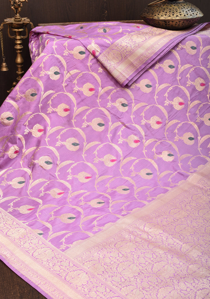Exquisite Banarasi Floral Meenakari Jaal Pure Katan Silk Saree in Lavender | SILK MARK CERTIFIED