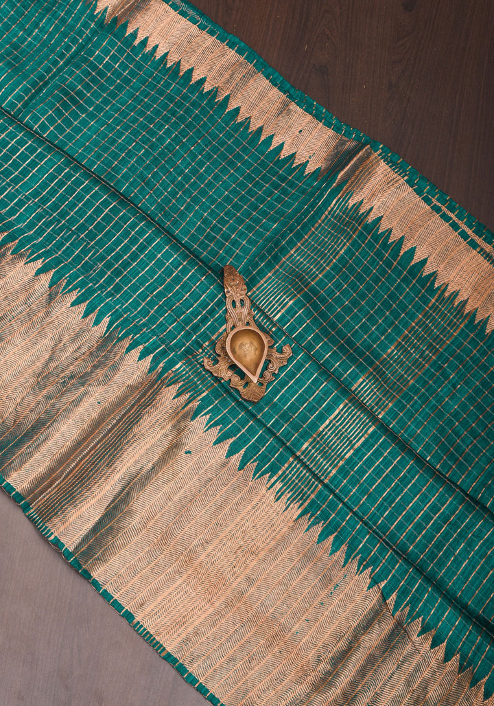 Matka Silk Saree in Green with Zari Checks and Wide Zari Temple Border | SILK MARK CERTIFIED