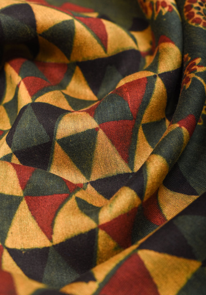 Ajrakh Hand Block Print on Chanderi Silk Cotton Saree with thin zari borders