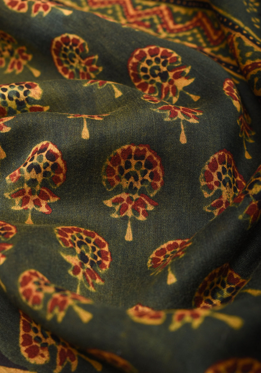 Ajrakh Hand Block Print on Chanderi Silk Cotton Saree with thin zari borders