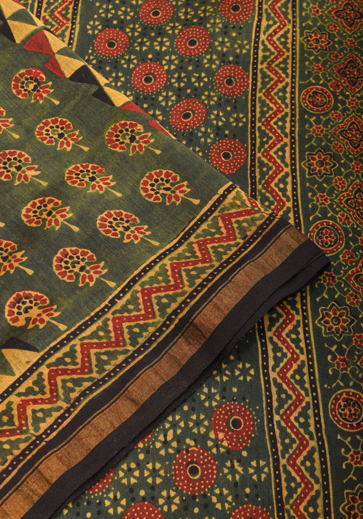Ajrakh Hand Block Print on Chanderi Silk Cotton Saree with thin zari borders