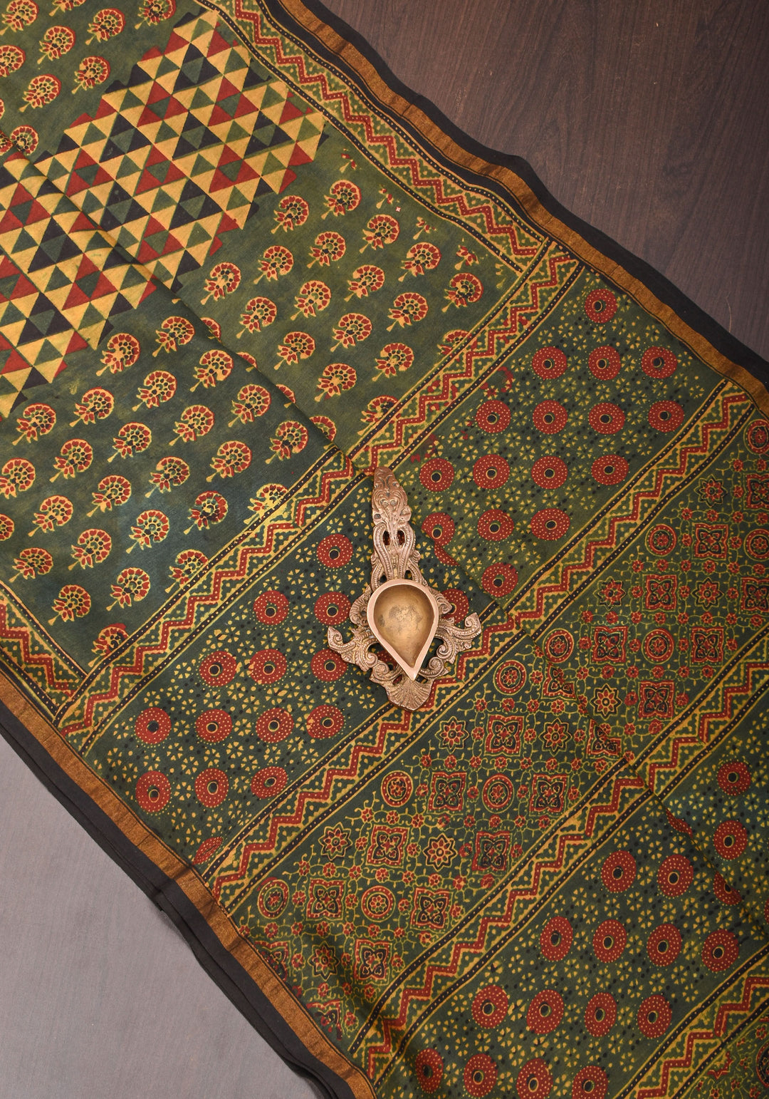 Ajrakh Hand Block Print on Chanderi Silk Cotton Saree with thin zari borders